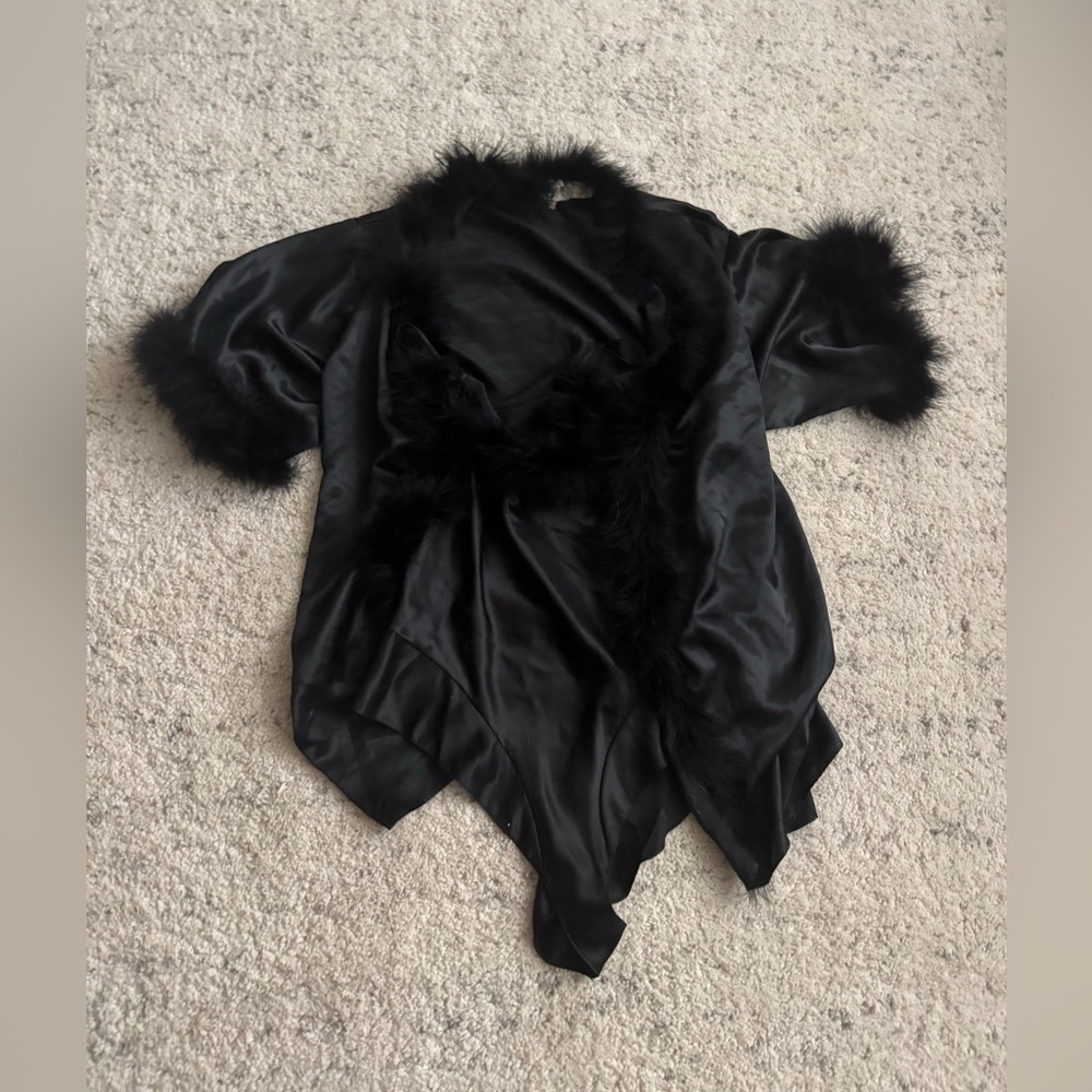 Vintage Victorias Secret Satin Feather Lingerie Set Sz L‎ Black Robe & Bodysuit